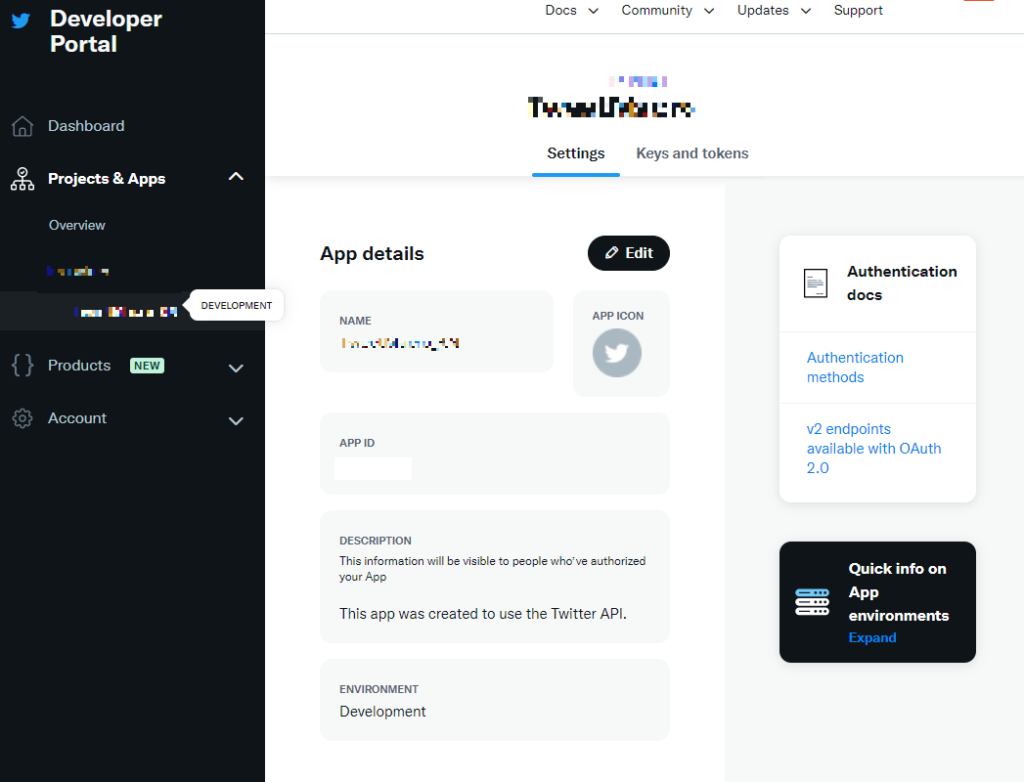 取得したTwitterAPIのダッシュボードのページ(一部画像を加工しています)