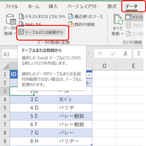 テーブルまたは範囲から